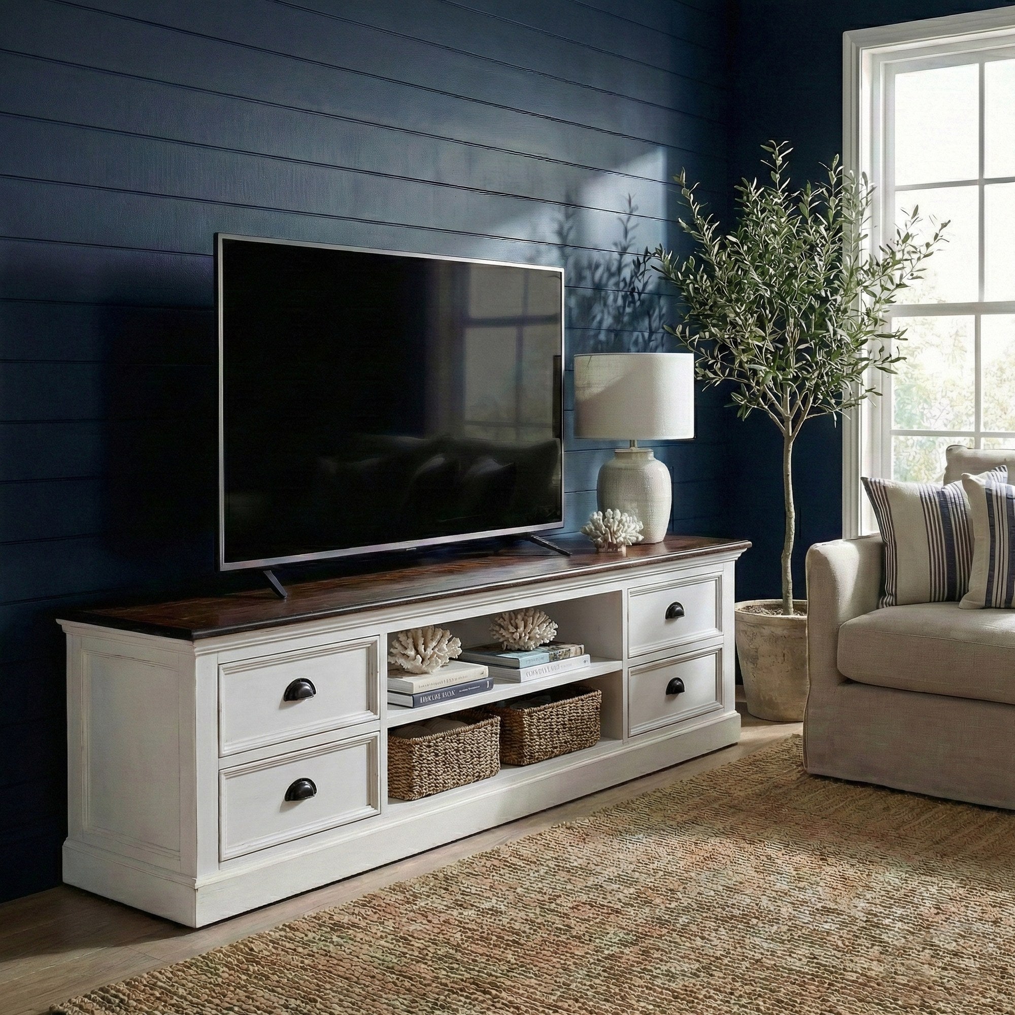 Nova Solo lifestyle image - Modern Farmhouse Large TV Stand with 4 drawers 71" - ZNS-CA631TWD