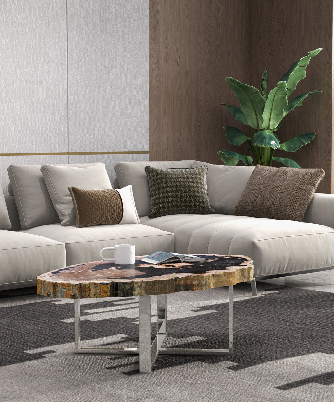 Relique - Eliza Coffee Table - Polished Stainless Steel Base - Natural Dark Top