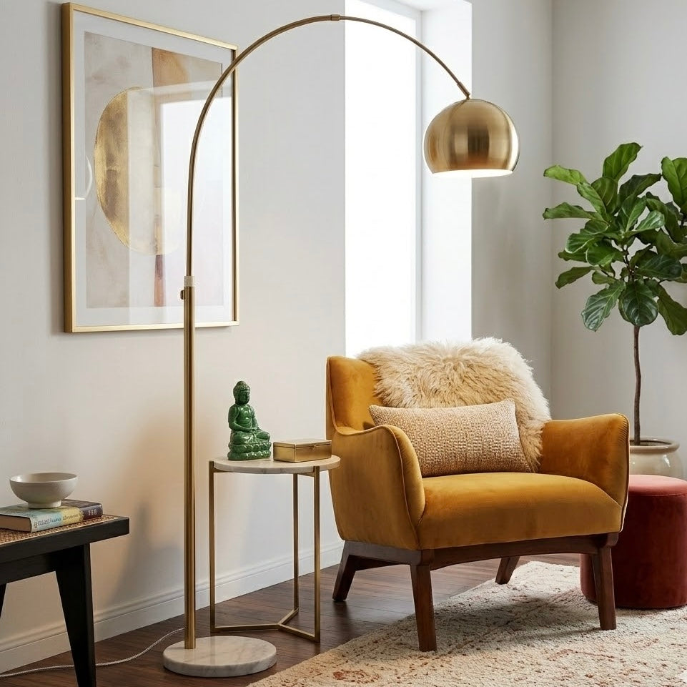 Oasis Long Arm Gold Brass Adjustable Floor Lamp | White Marble Base