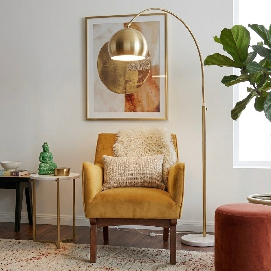 Oasis Long Arm Gold Brass Adjustable Floor Lamp | White Marble Base