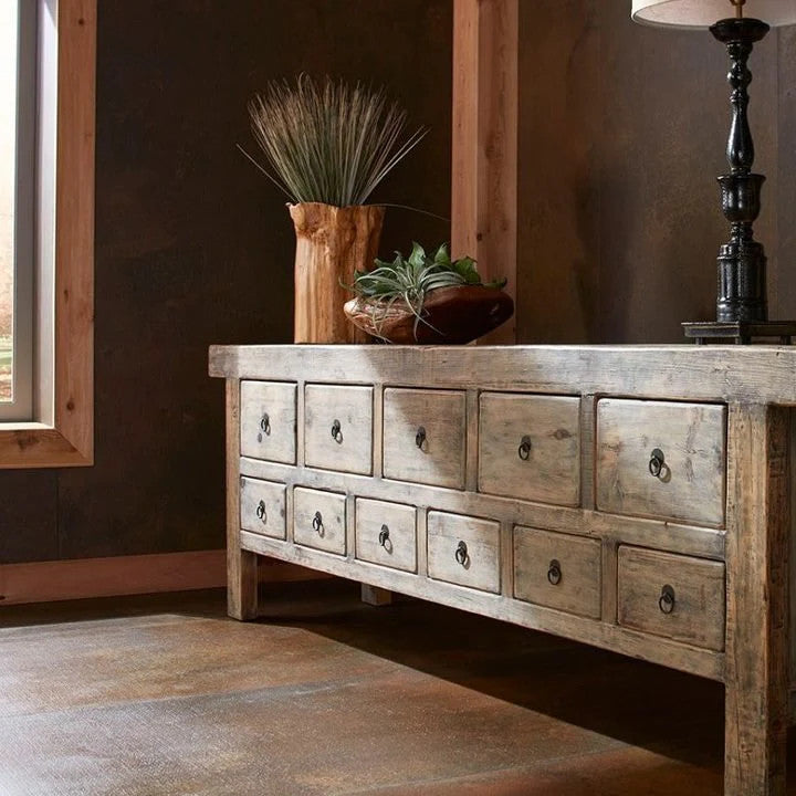 Old Reclaimed Pine Drawers Bank Credenza 114"