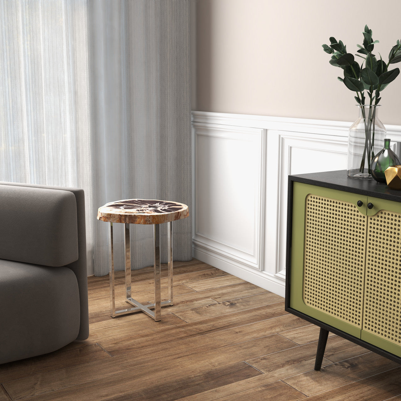 Relique - Eliza End Table - Polished Stainless Steel Base - Natural Dark Top