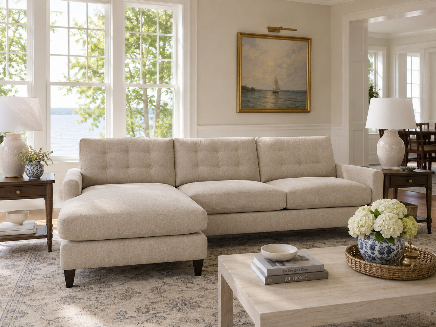 Oxford Flex Sofa in Lambert Fog lifestyle image - Fog Coastal Transitional