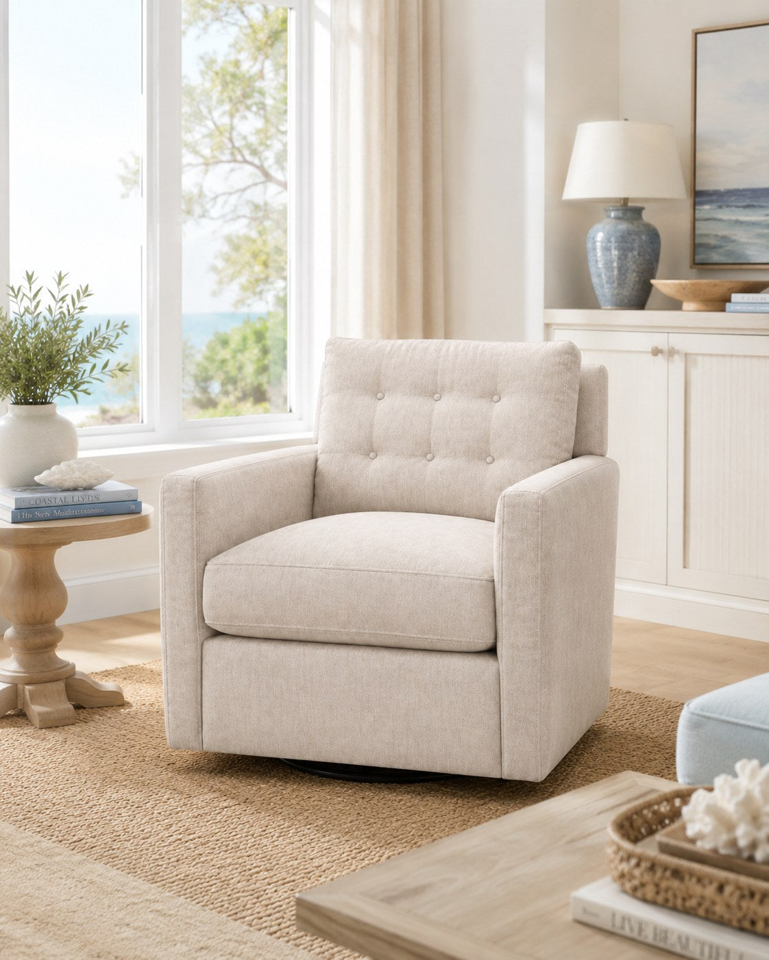 Oxford Swivel Chair in Lambert Fog lifestyle image - Fog Coastal Transitional