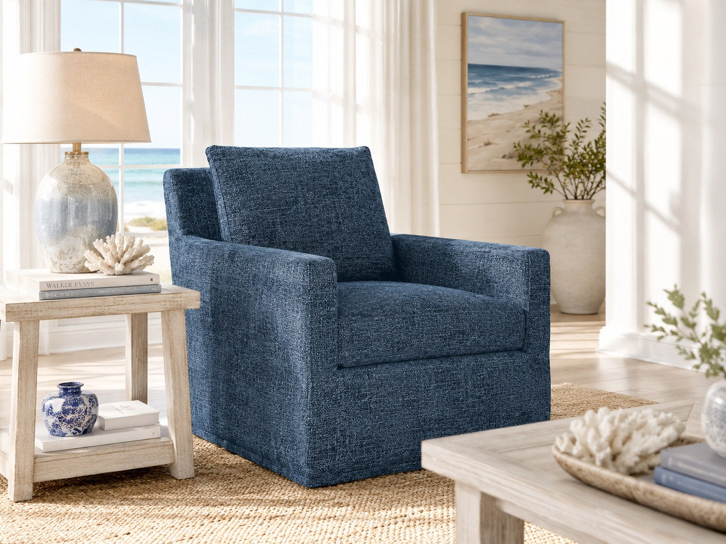 Pasadena 2 over 2 Slipcovered 85″ Sofa in Norse Lake lifestyle image - Lake Coastal Transitional