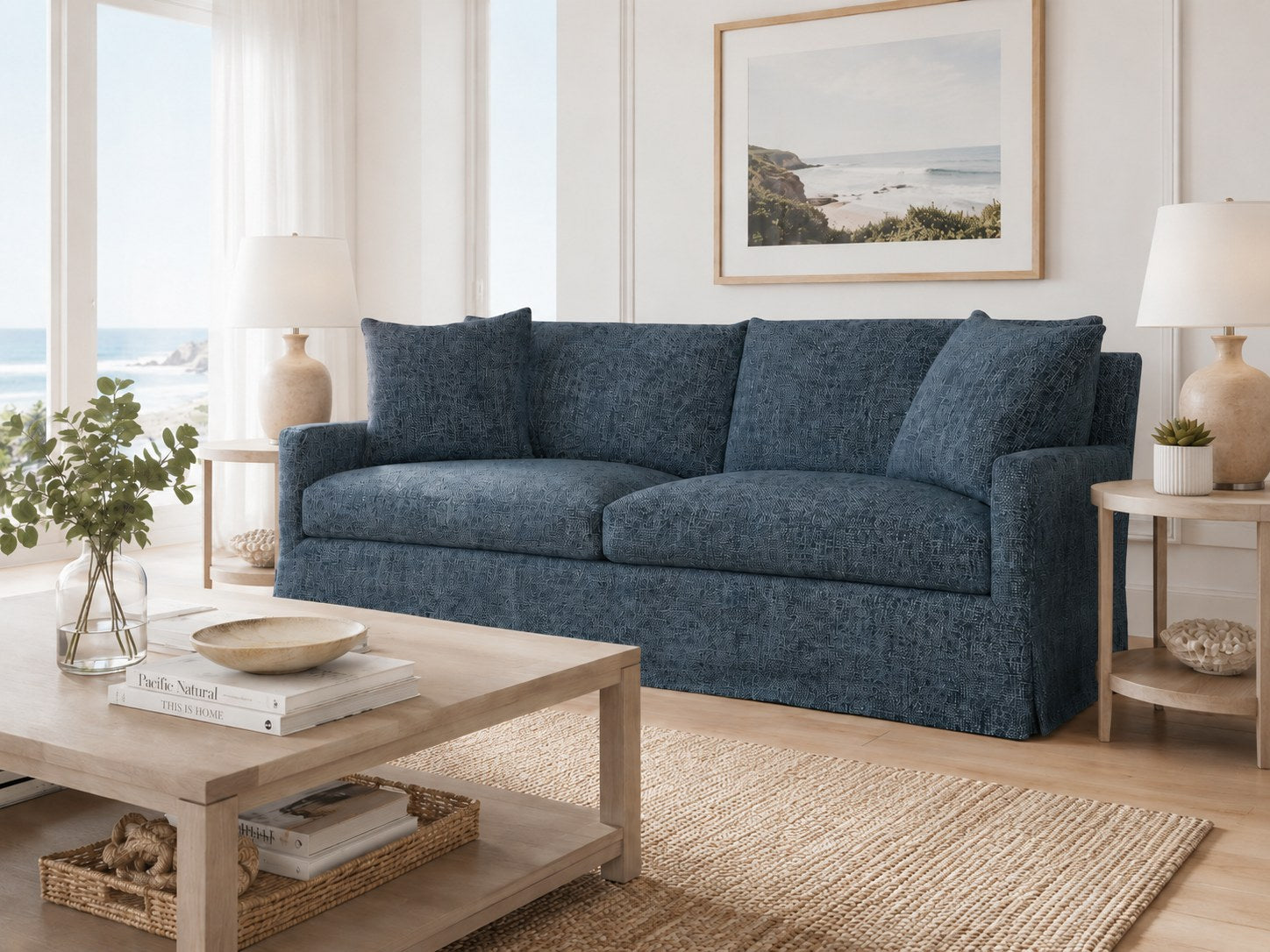 Pasadena 2 over 2 Slipcovered 85″ Sofa in Norse Lake lifestyle image - Lake Coastal Transitional