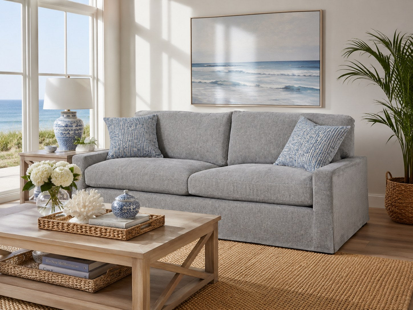 Peyton Slipcovered Sofa in Plushtone Mineral lifestyle image - Mineral Coastal Transitional