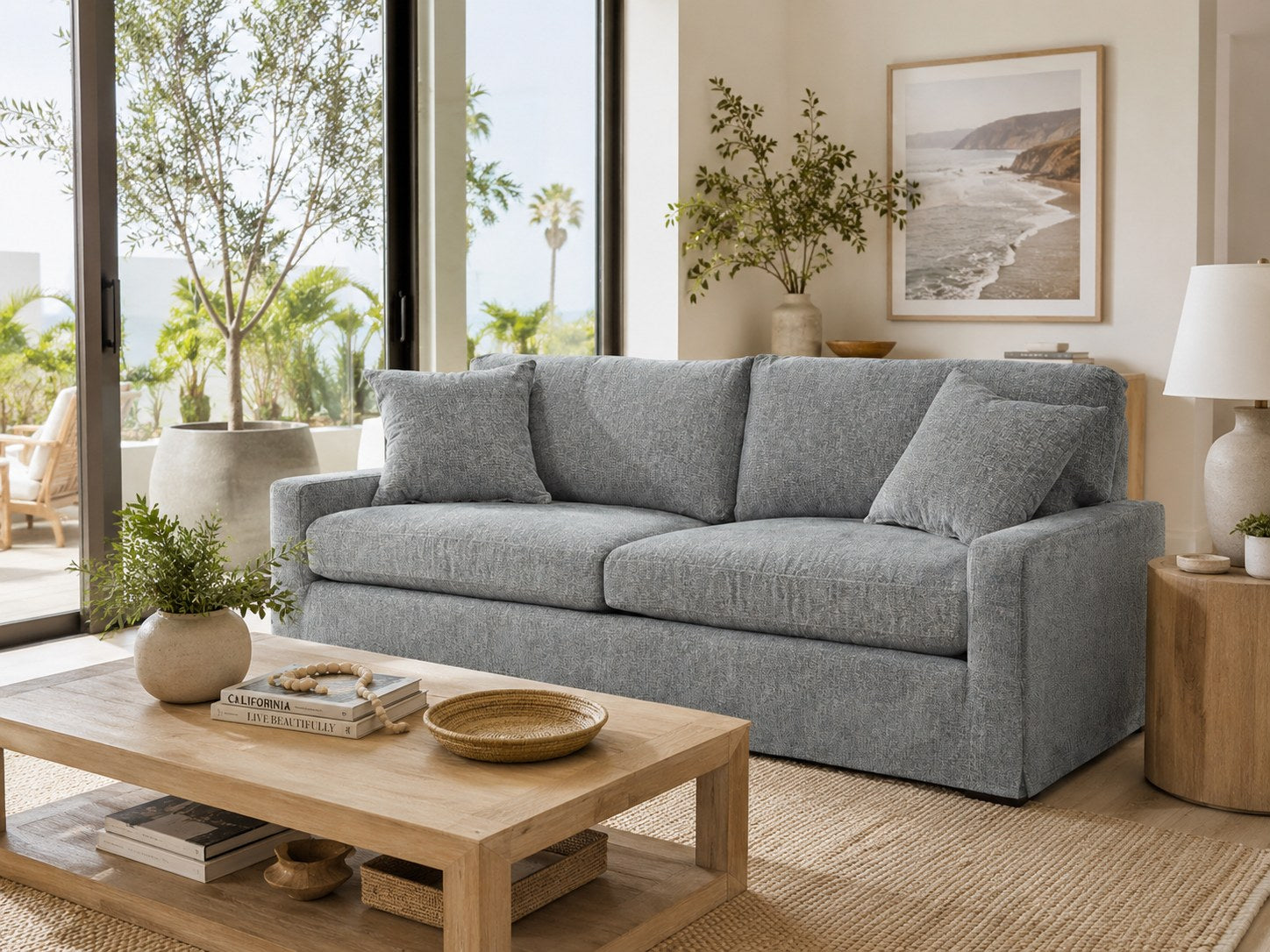 Peyton Slipcovered Sofa in Plushtone Mineral lifestyle image - Transitional California Coastal