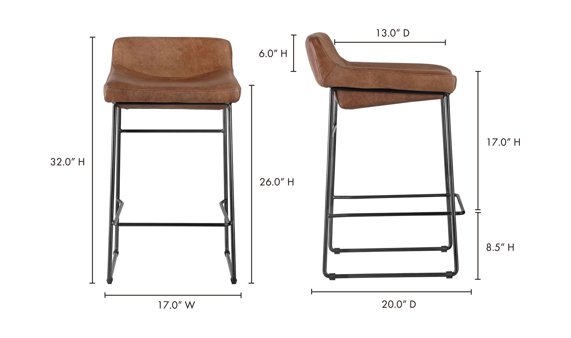 Starlet Counter Stool Open Road Brown Leather - Set Of Two by Moe's Home Collection - view 22