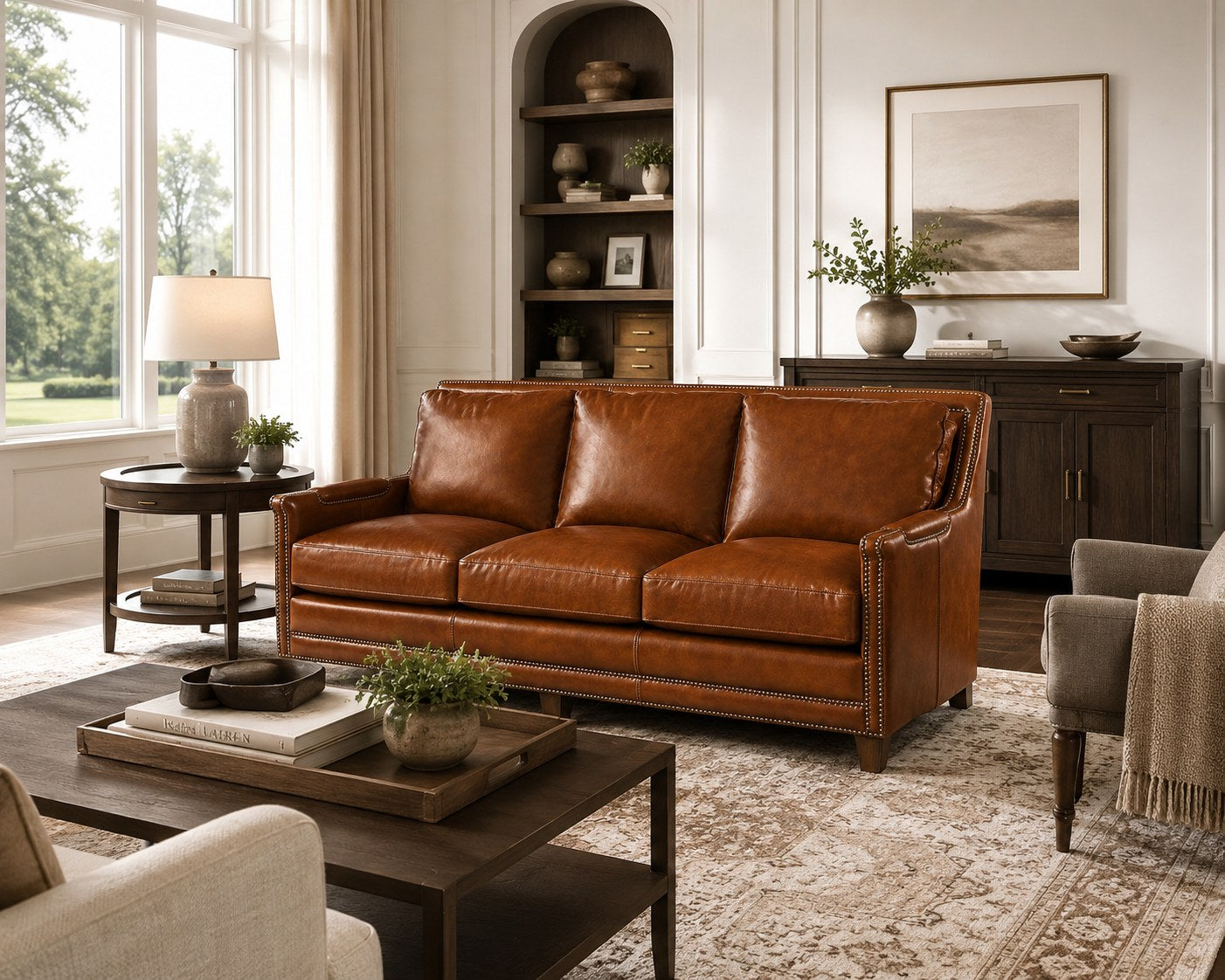 Prescott Sofa in Brooklyn Saddle lifestyle image - Traditional Transitional Leather