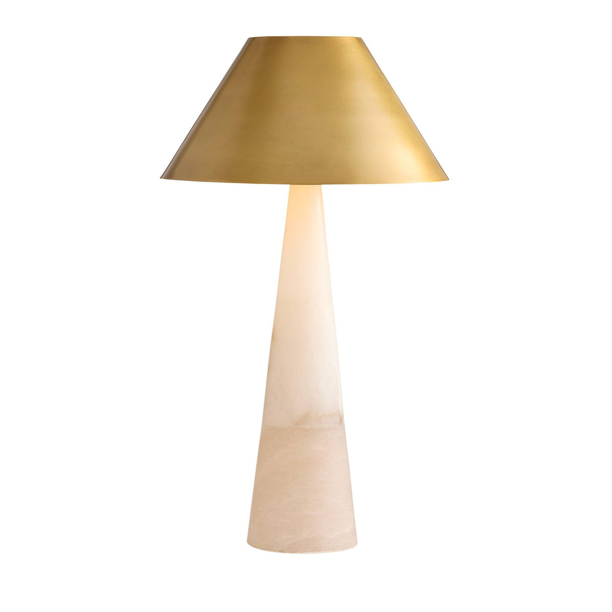 Arteriors Chanell table lamp with white alabaster base and antique brass shade