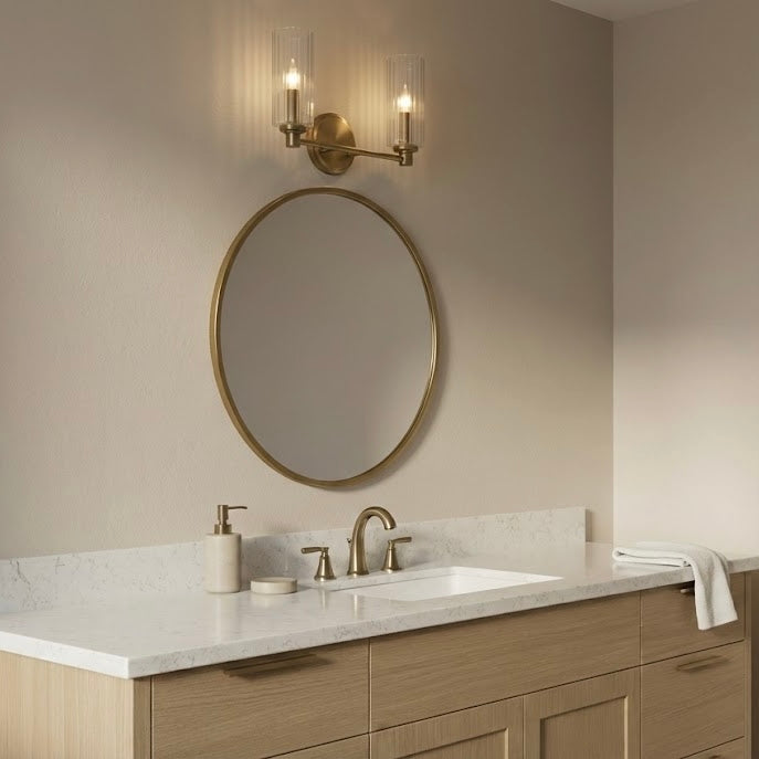 Regal Double Light Vanity | Satin Brass and Clear Ribbed Glass