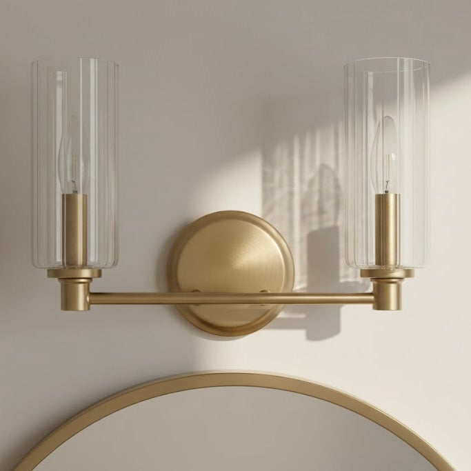 Regal Double Light Vanity | Satin Brass and Clear Ribbed Glass