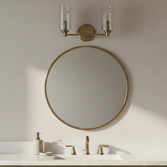 Regal Double Light Vanity | Satin Brass and Clear Ribbed Glass