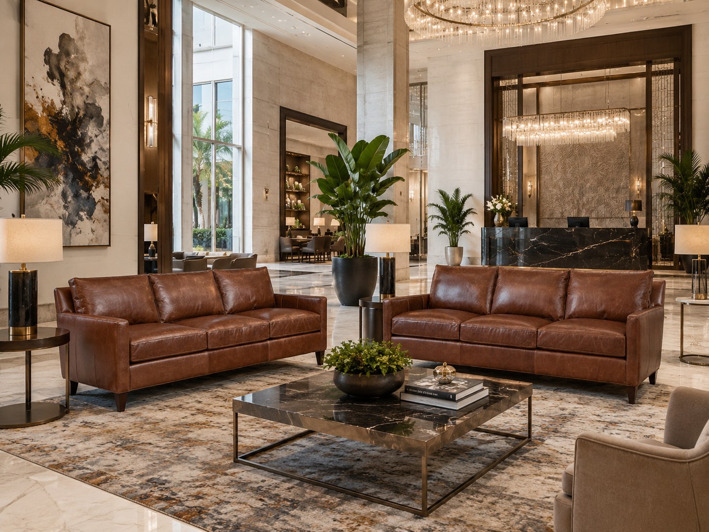 Riverside Sofa in Tatum Dark Brown lifestyle image - Contemporary Hotel Leather