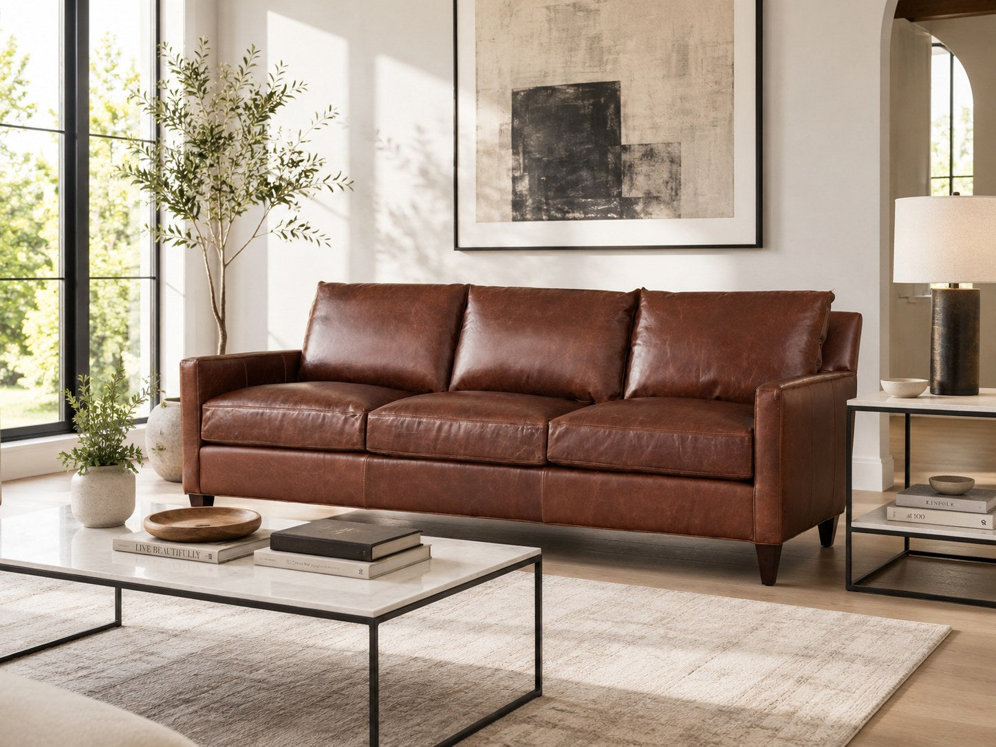 Riverside Sofa in Tatum Dark Brown lifestyle image - Transitional Contemporary Leather