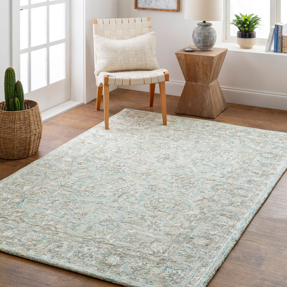 Shelby Aqua/Olive Handmade Rug - roomscene