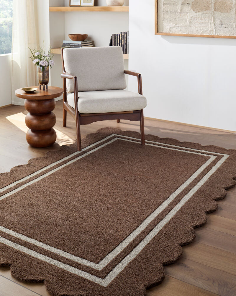 Scalloped Dark Brown/Taupe Handmade Rug - roomscene