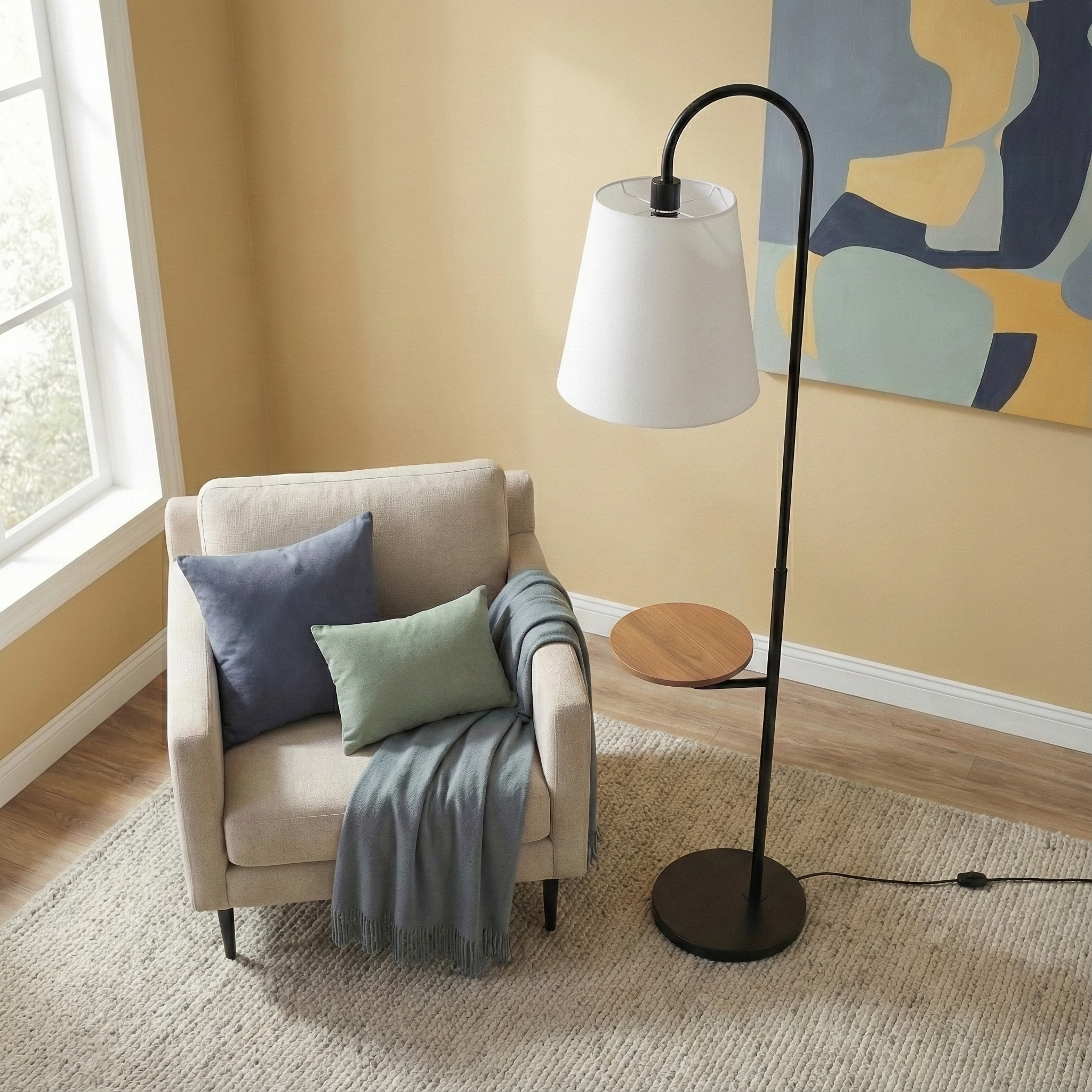 Seoul Black Floor Lamp | Integrated Wood Table and Metal Base