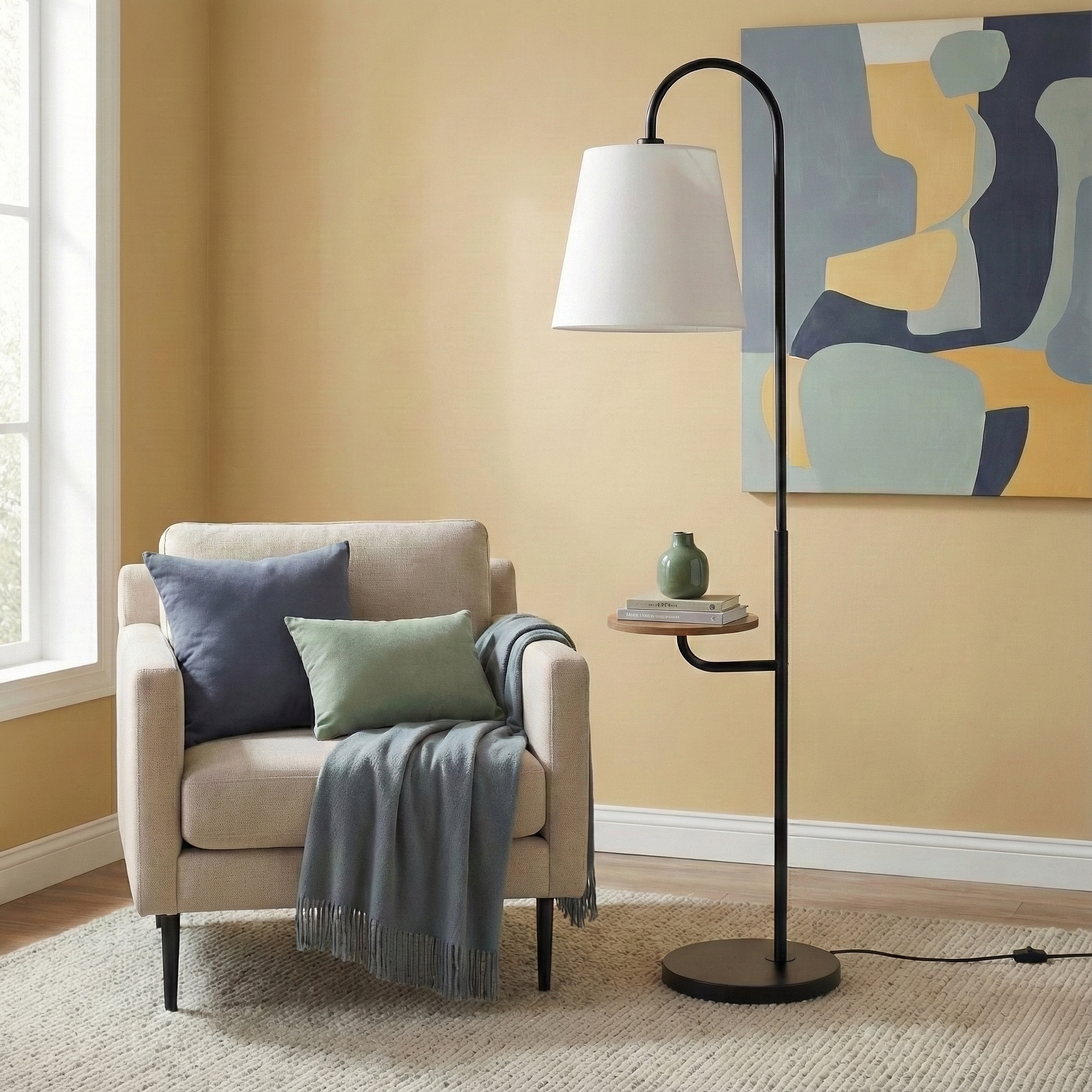 Seoul Black Floor Lamp | Integrated Wood Table and Metal Base