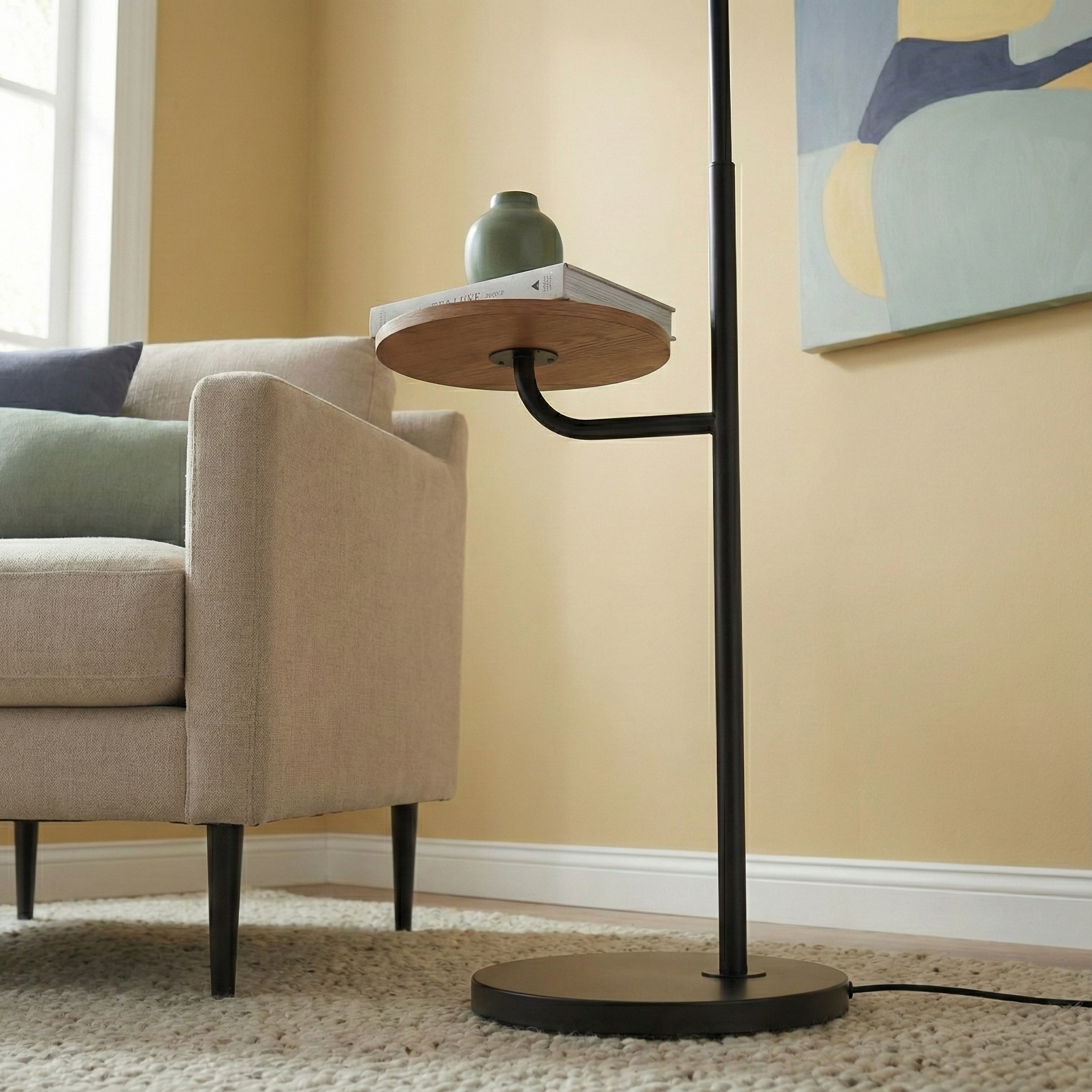 Seoul Black Floor Lamp | Integrated Wood Table and Metal Base