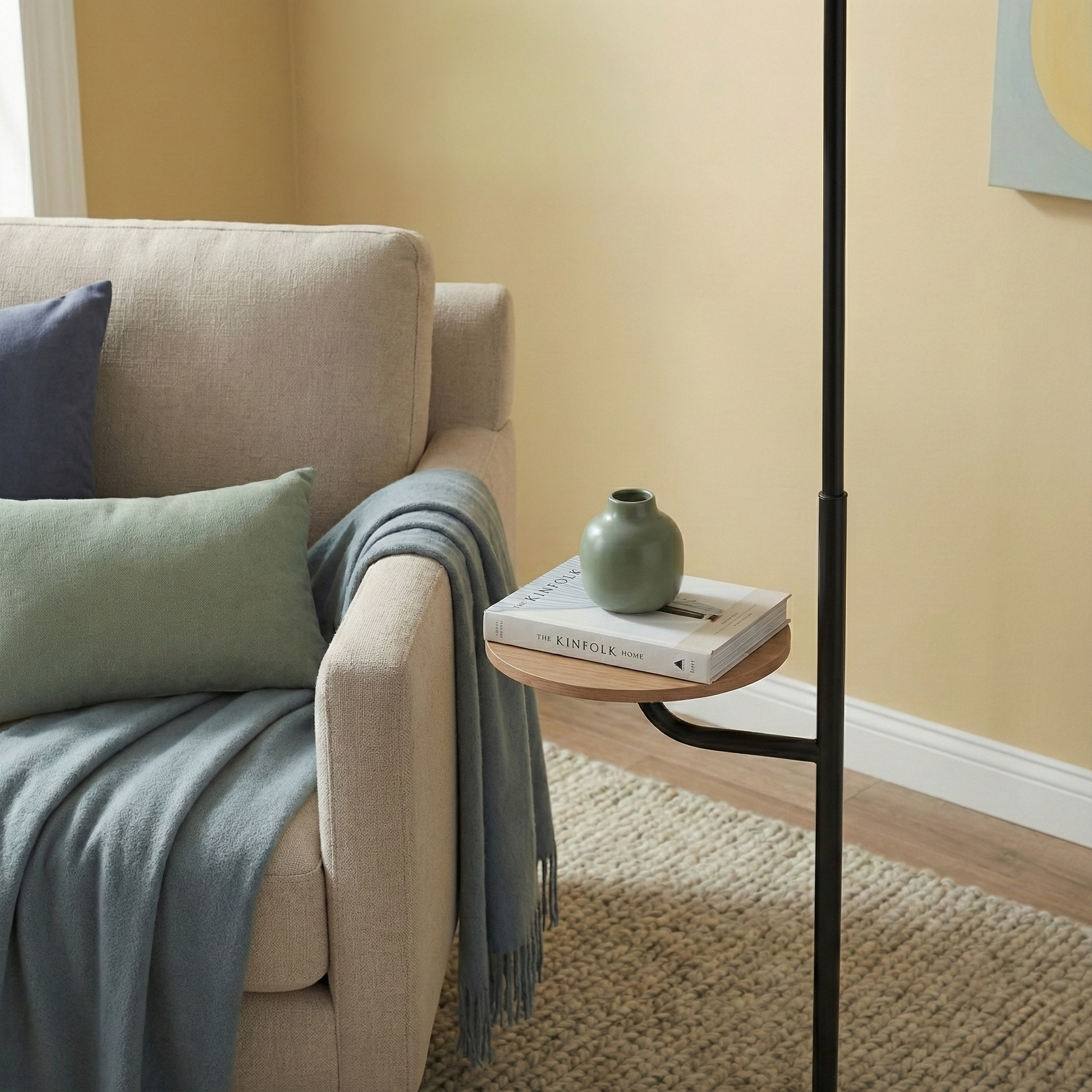 Seoul Black Floor Lamp | Integrated Wood Table and Metal Base