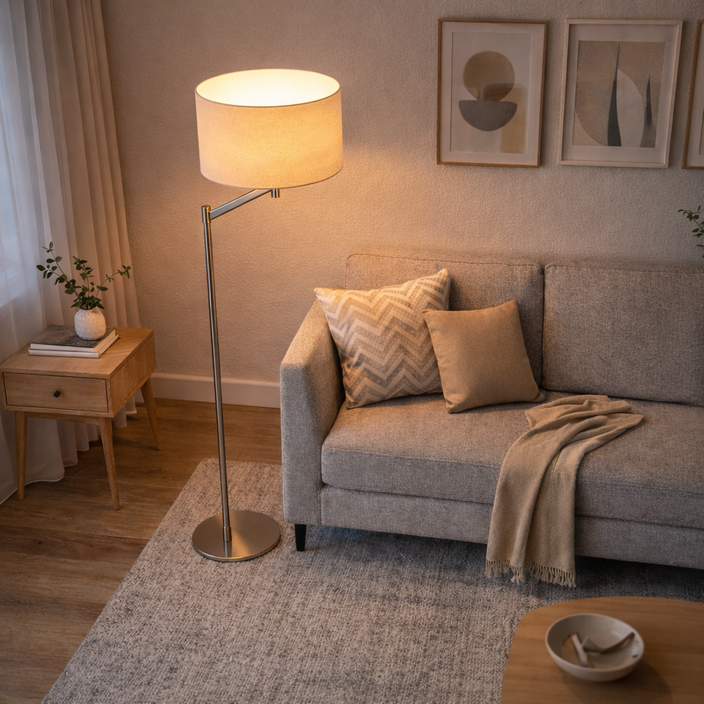 Serene Floor Lamp | Brushed Nickel and White Linen Shade