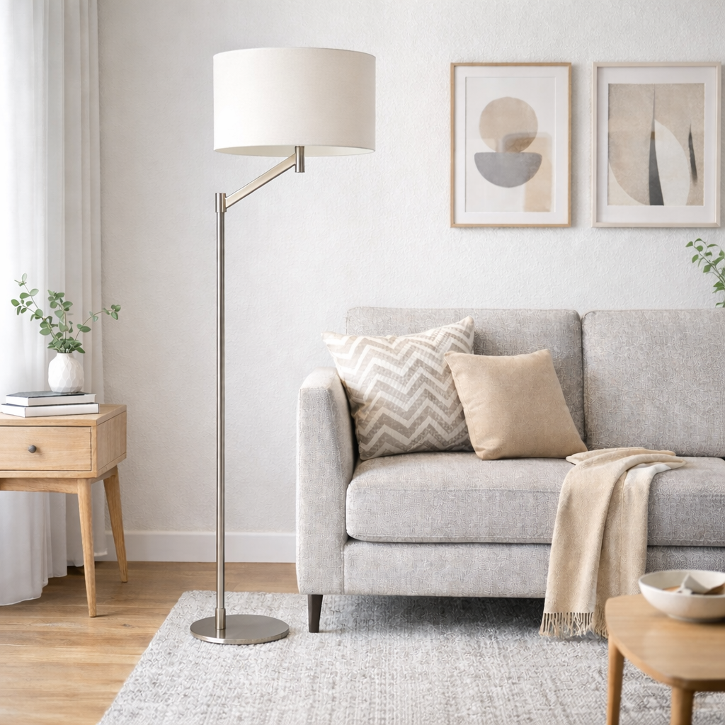 Serene Floor Lamp | Brushed Nickel and White Linen Shade