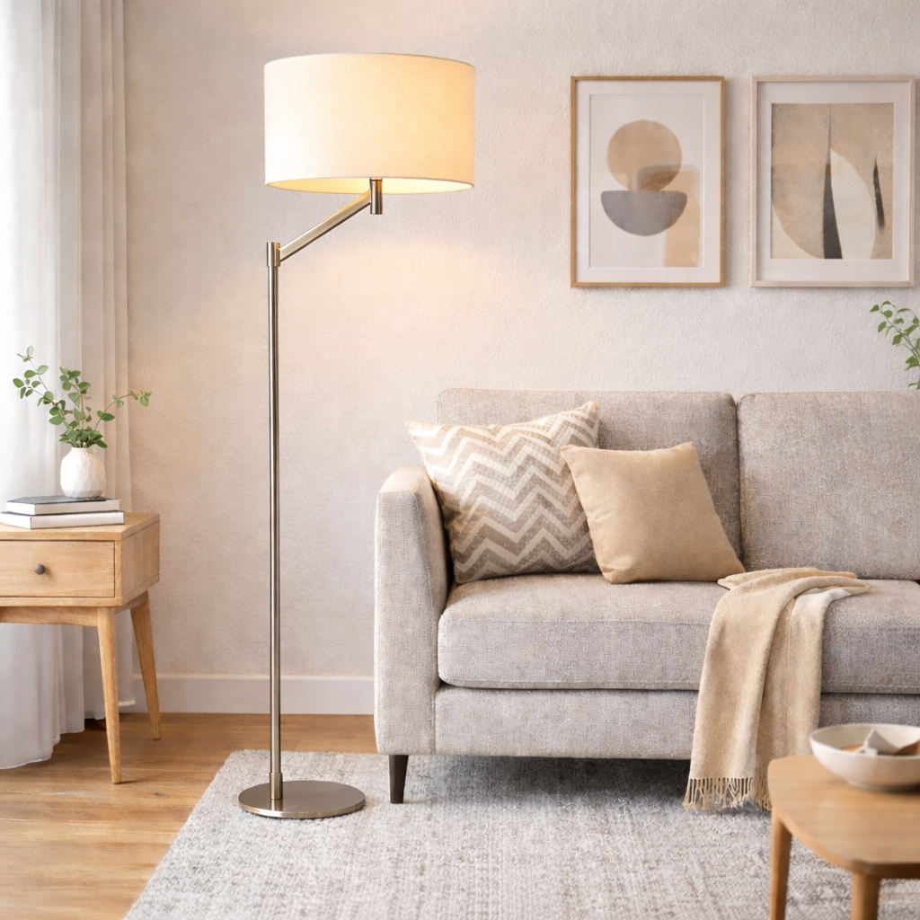 Serene Floor Lamp | Brushed Nickel and White Linen Shade