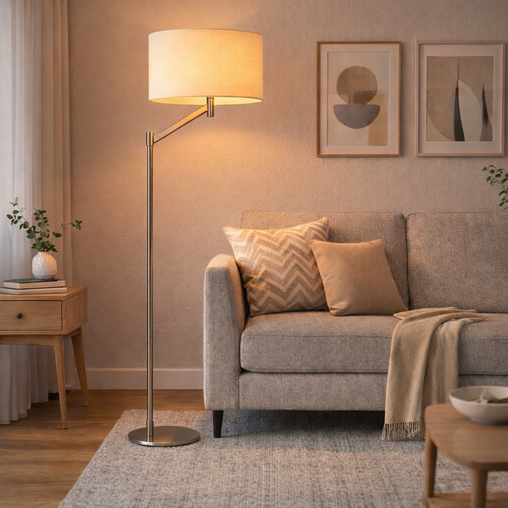 Serene Floor Lamp | Brushed Nickel and White Linen Shade