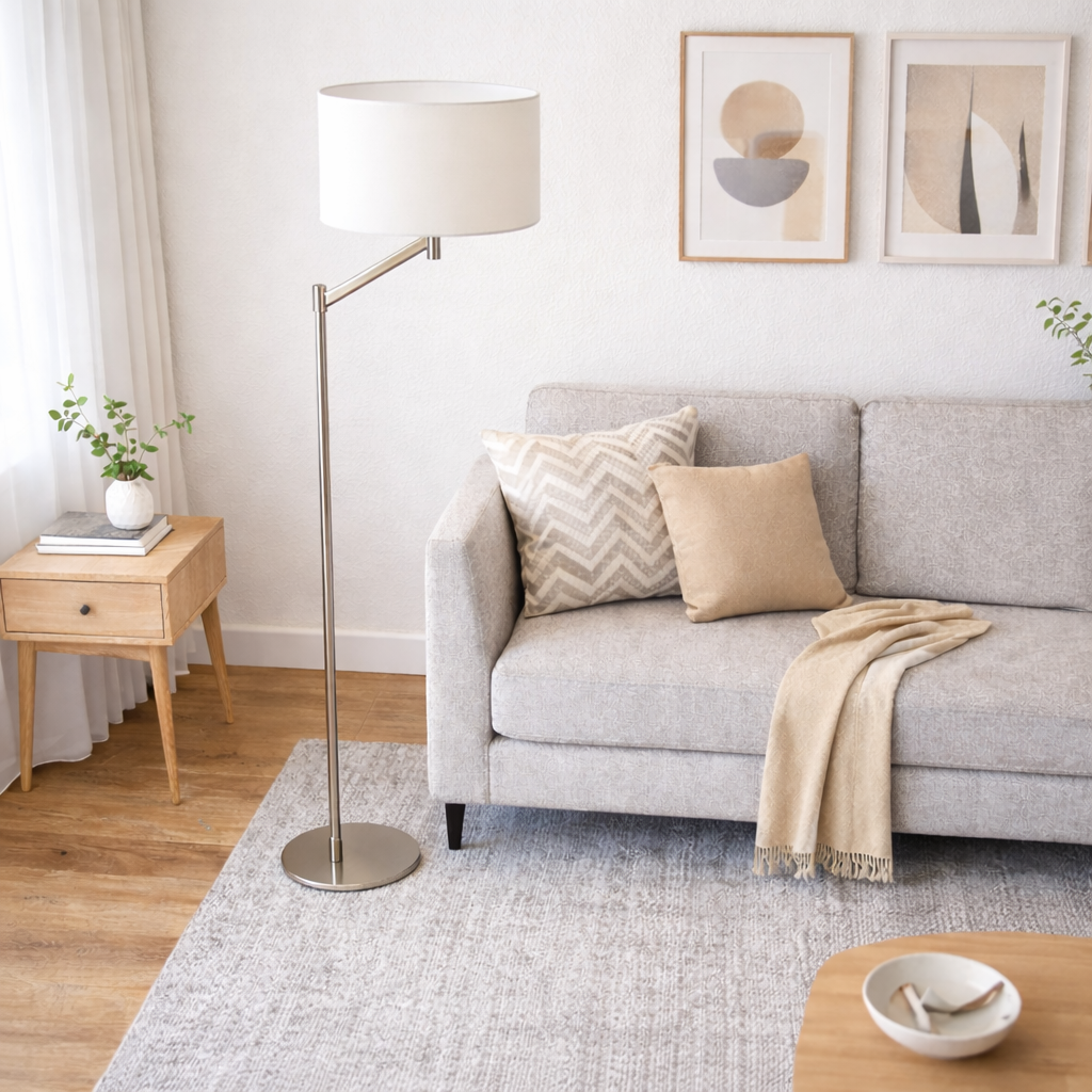 Serene Floor Lamp | Brushed Nickel and White Linen Shade