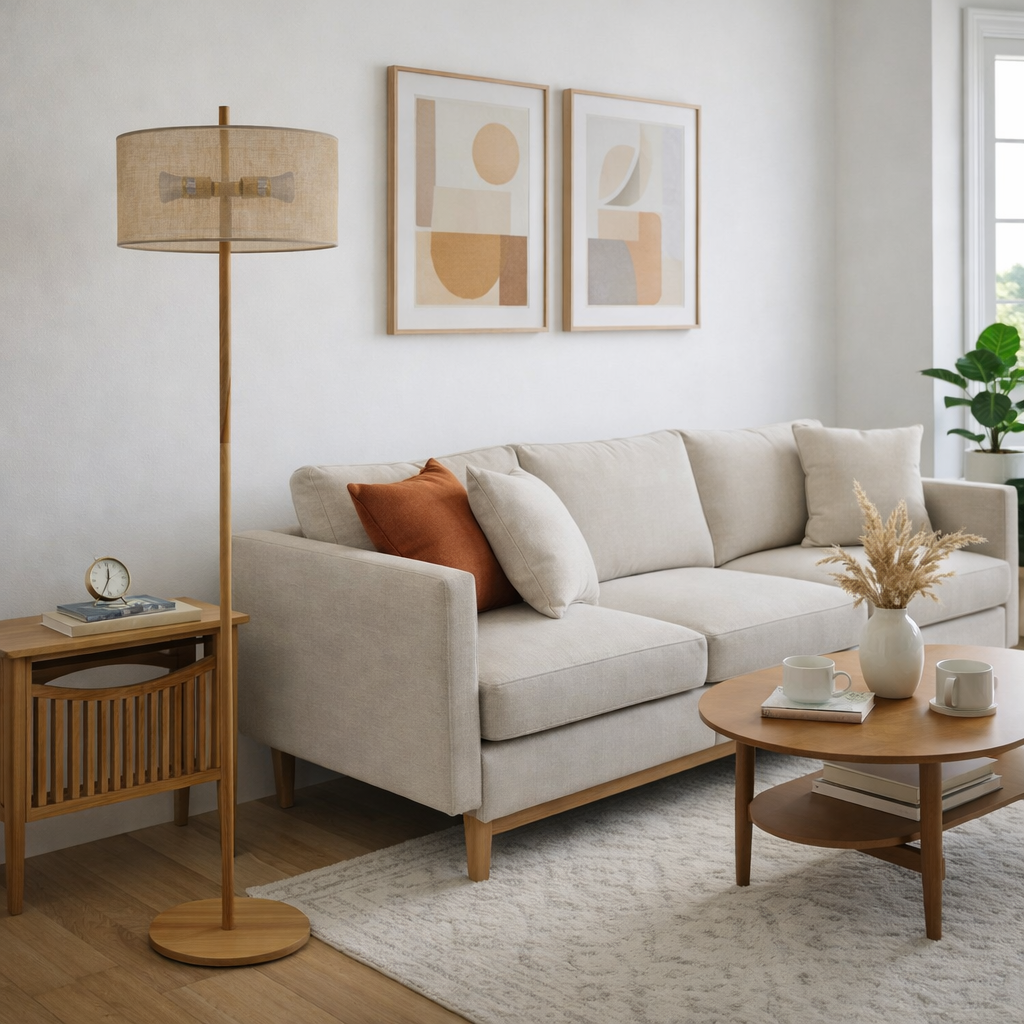Lirian Floor Lamp | Oak Wood Finish and Natural Linen Shade