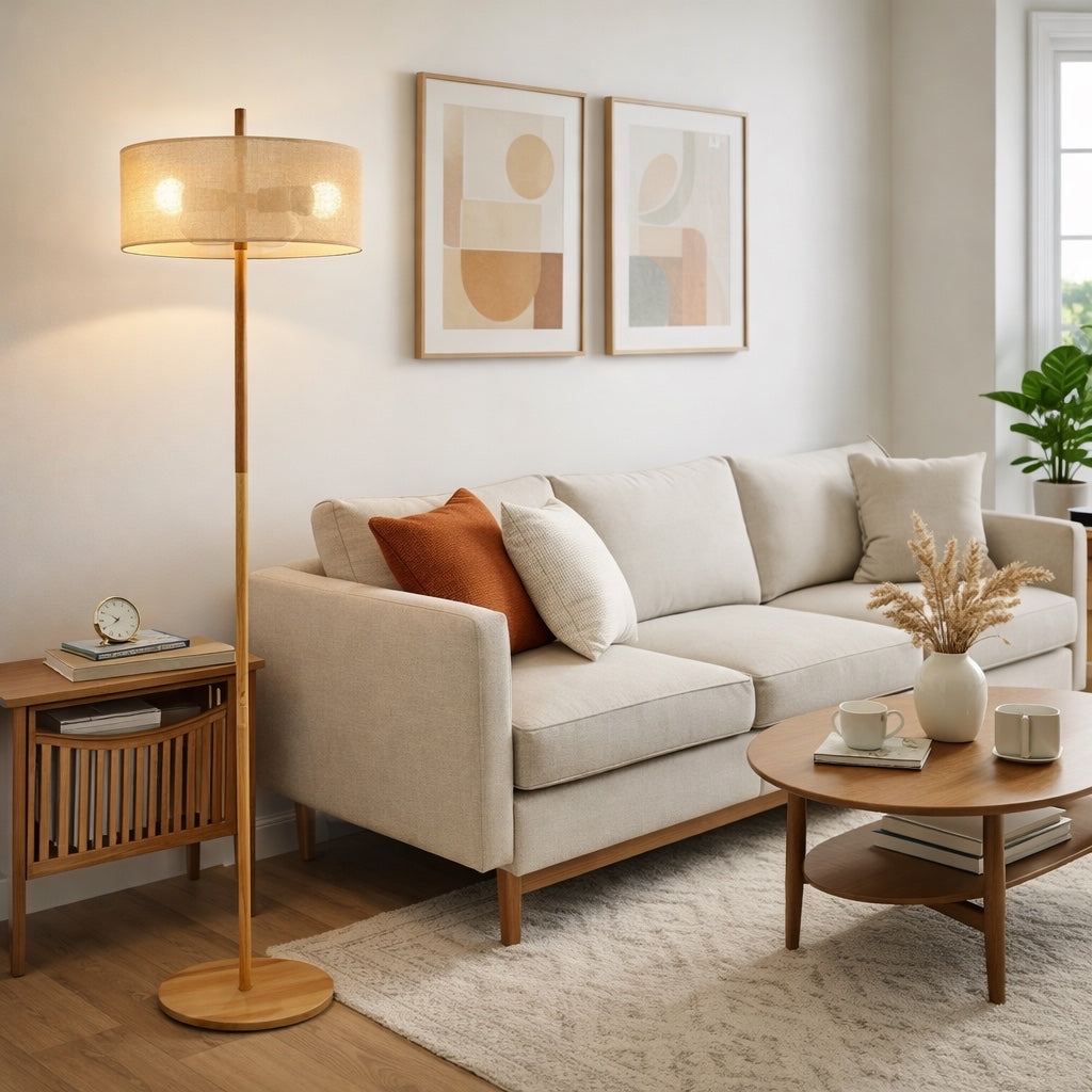Lirian Floor Lamp | Oak Wood Finish and Natural Linen Shade
