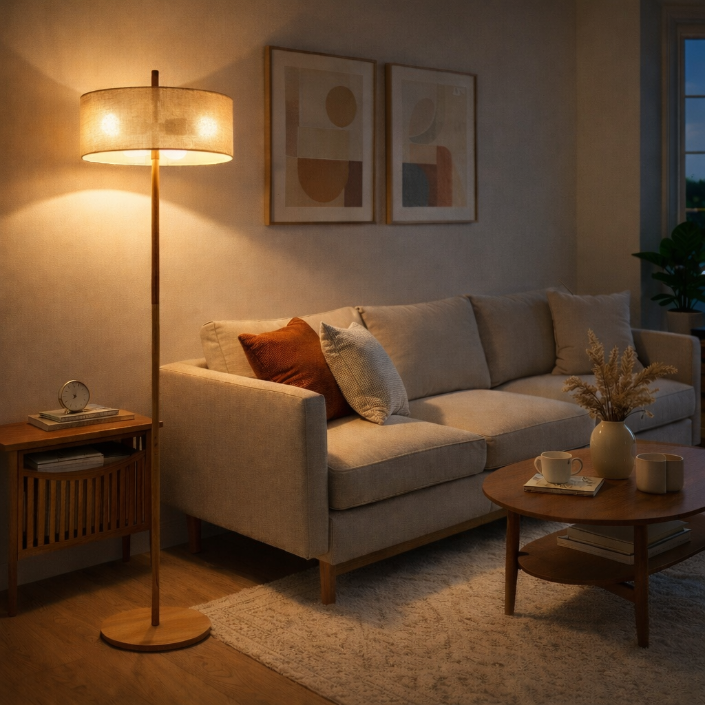 Lirian Floor Lamp | Oak Wood Finish and Natural Linen Shade