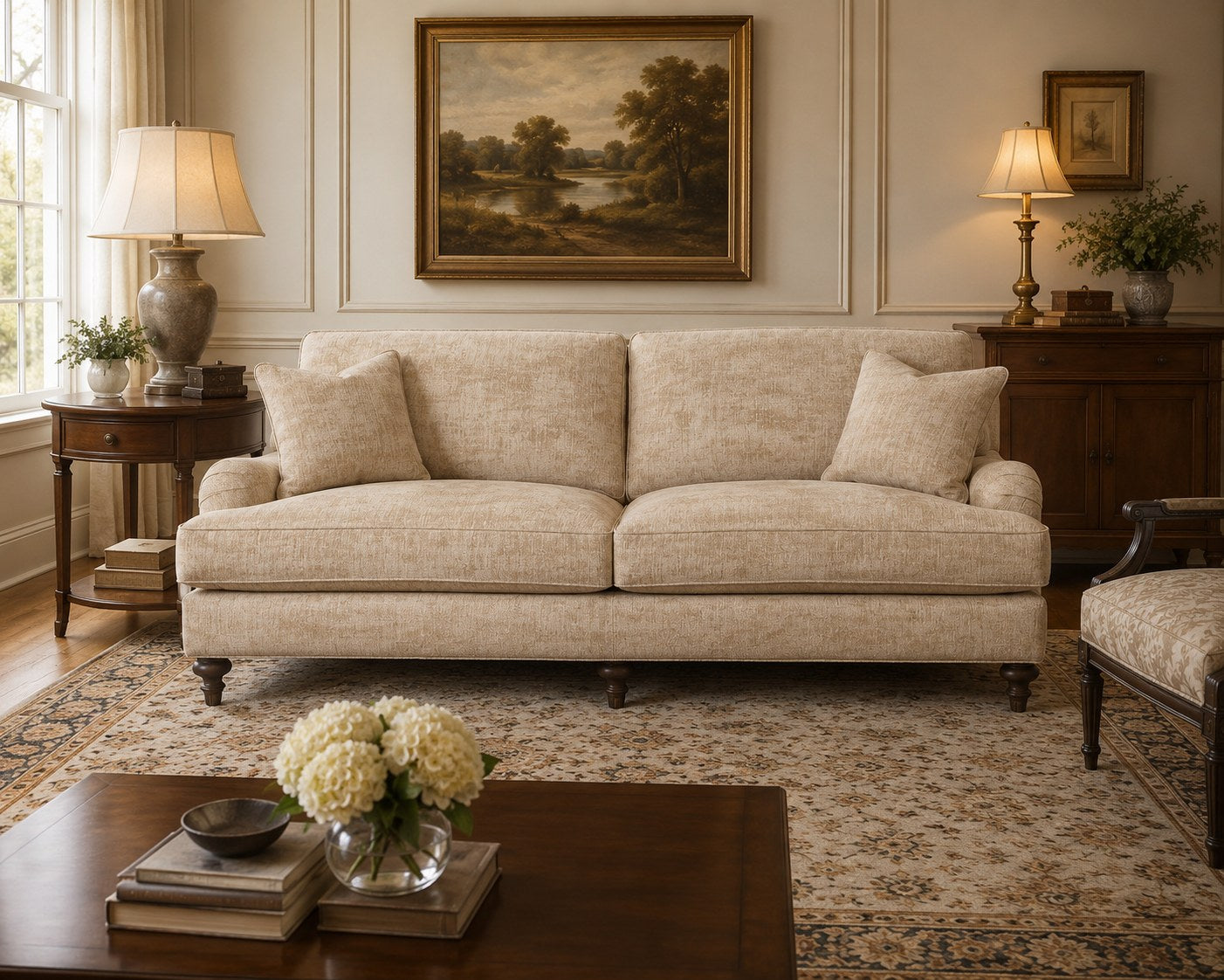 Sloane 2 Over 2 Sofa in Churchill Driftwood lifestyle image - Driftwood Traditional Transitional