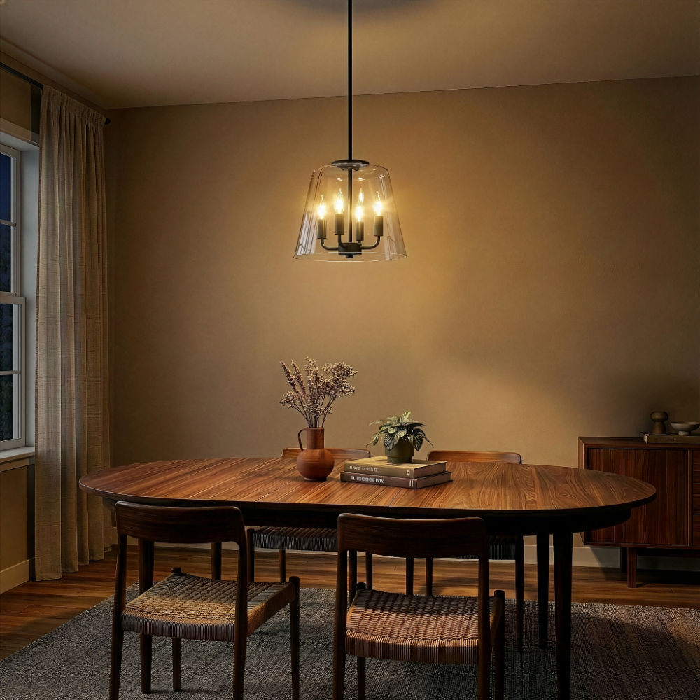 Soiree Four Candle Lights Pendant | Matte Black and Clear Glass