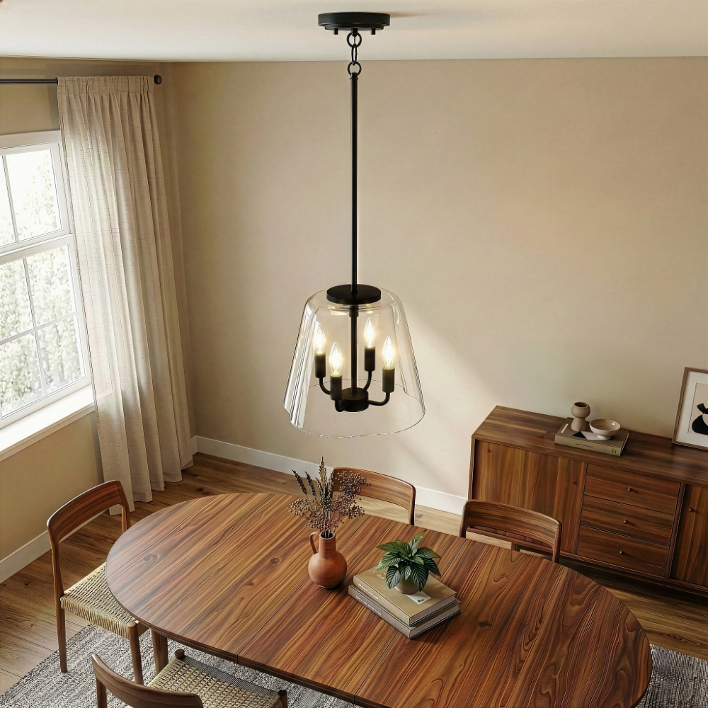 Soiree Four Candle Lights Pendant | Matte Black and Clear Glass
