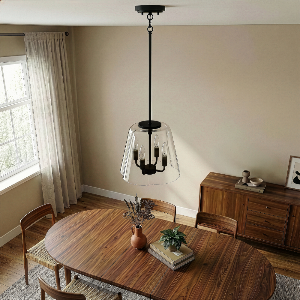 Soiree Four Candle Lights Pendant | Matte Black and Clear Glass