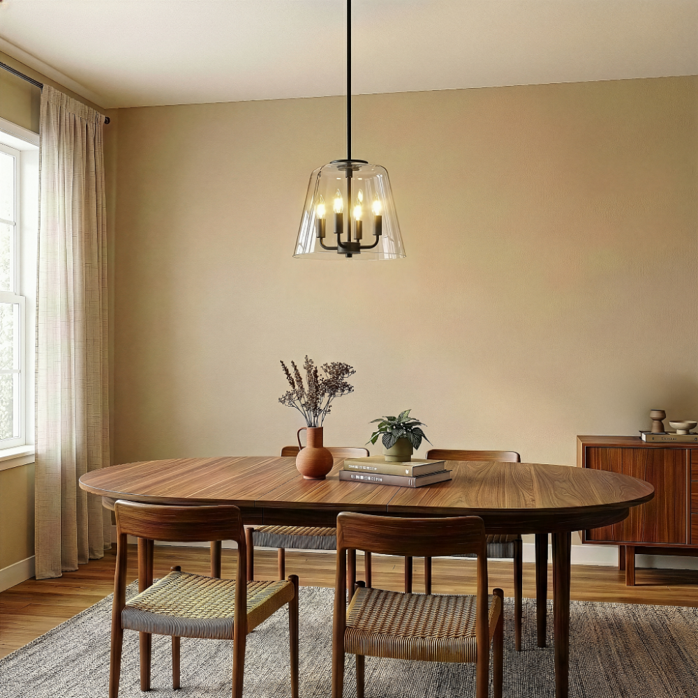 Soiree Four Candle Lights Pendant | Matte Black and Clear Glass
