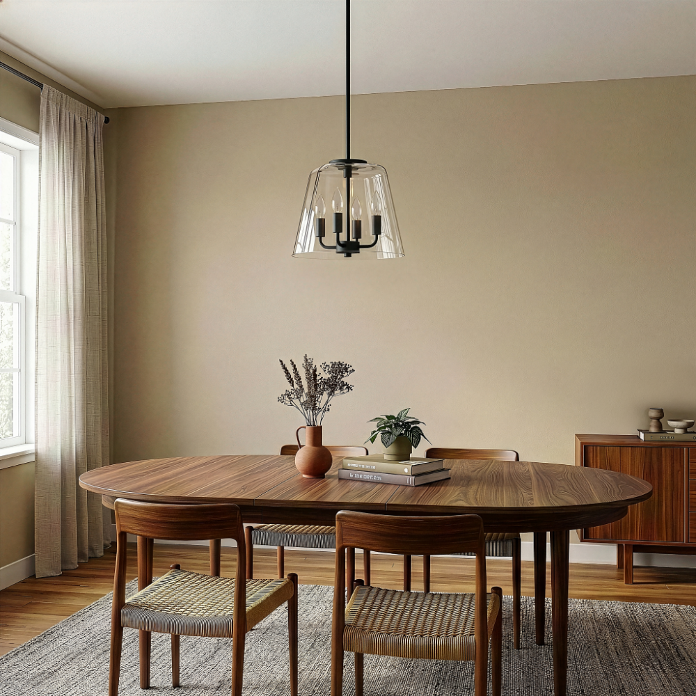 Soiree Four Candle Lights Pendant | Matte Black and Clear Glass