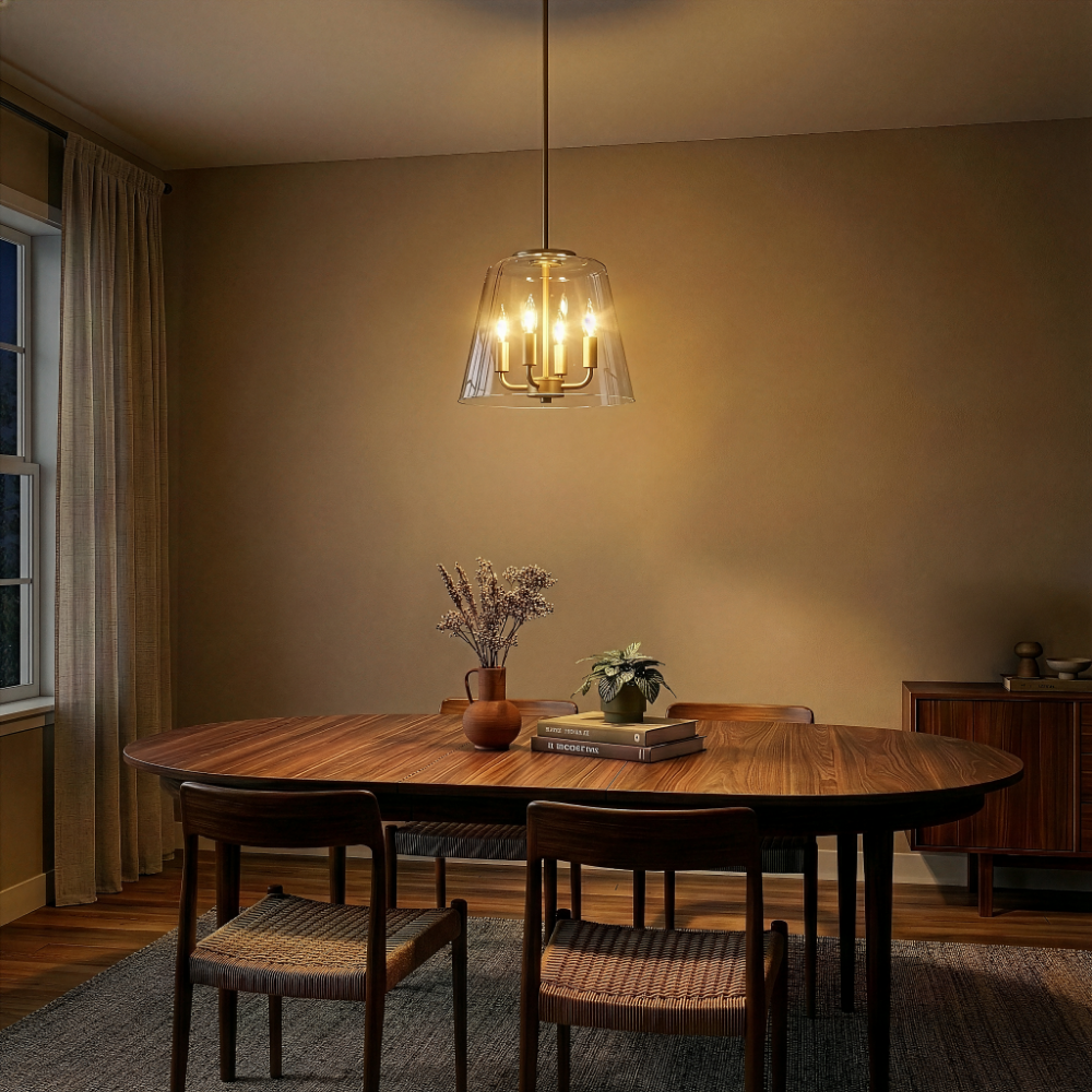Soiree Four Candle Lights Pendant | Satin Brass and Clear Glass