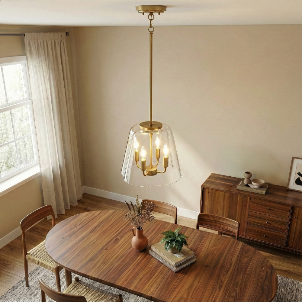 Soiree Four Candle Lights Pendant | Satin Brass and Clear Glass