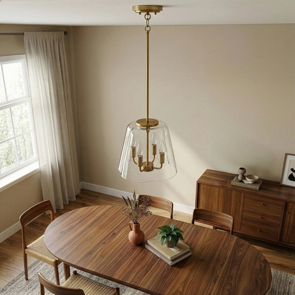 Soiree Four Candle Lights Pendant | Satin Brass and Clear Glass