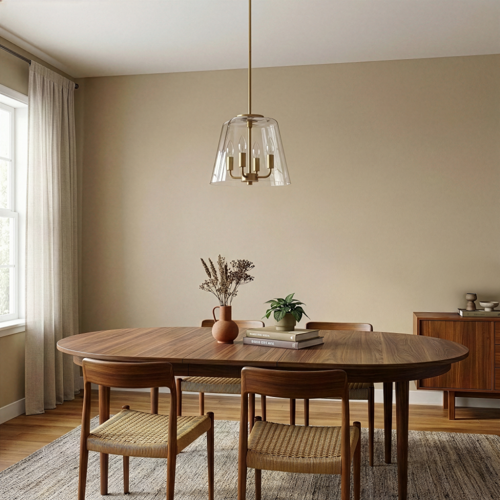 Soiree Four Candle Lights Pendant | Satin Brass and Clear Glass