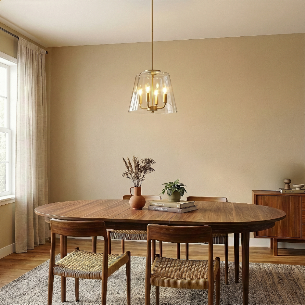 Soiree Four Candle Lights Pendant | Satin Brass and Clear Glass