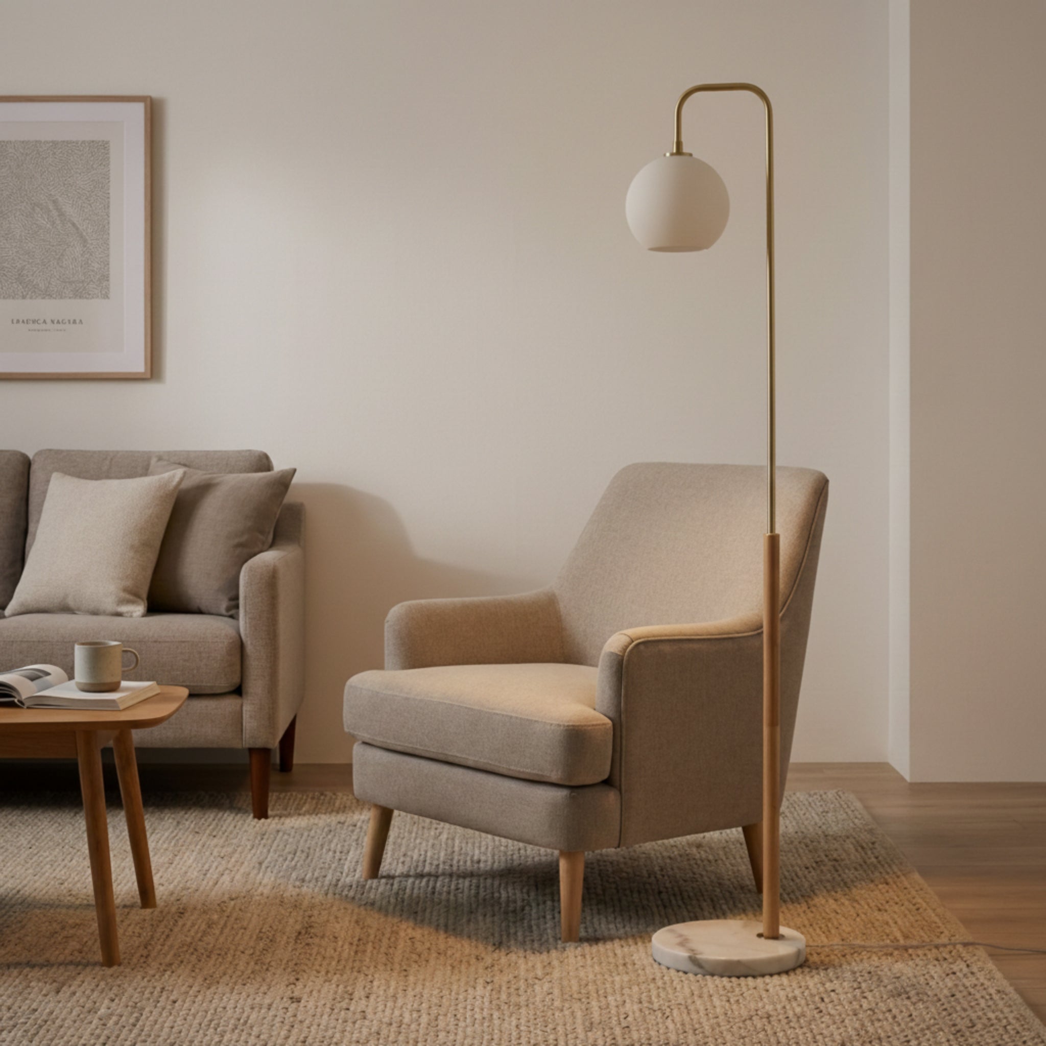 Solaris Floor Lamp | Brushed Gold and White Globe Shade
