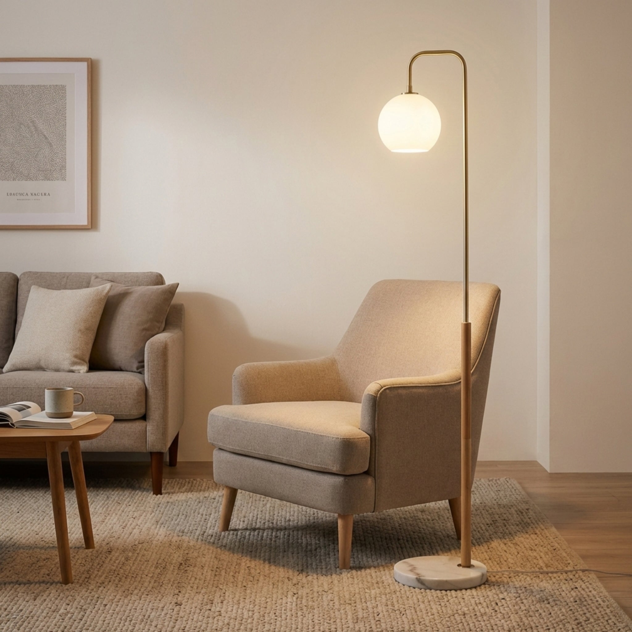Solaris Floor Lamp | Brushed Gold and White Globe Shade