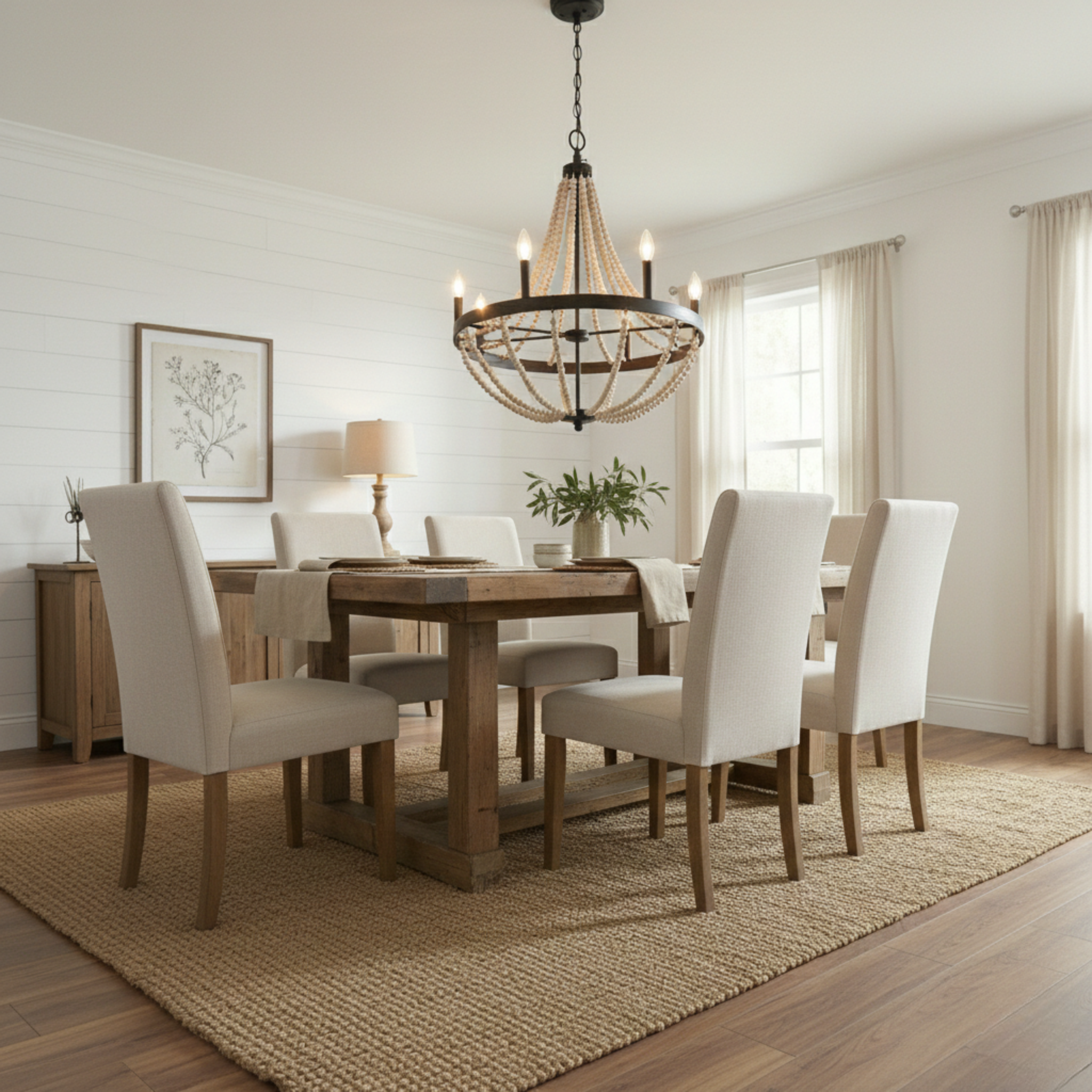 Starry Wood Chandelier | Six-Light Beaded Farmhouse Pendant Lamp