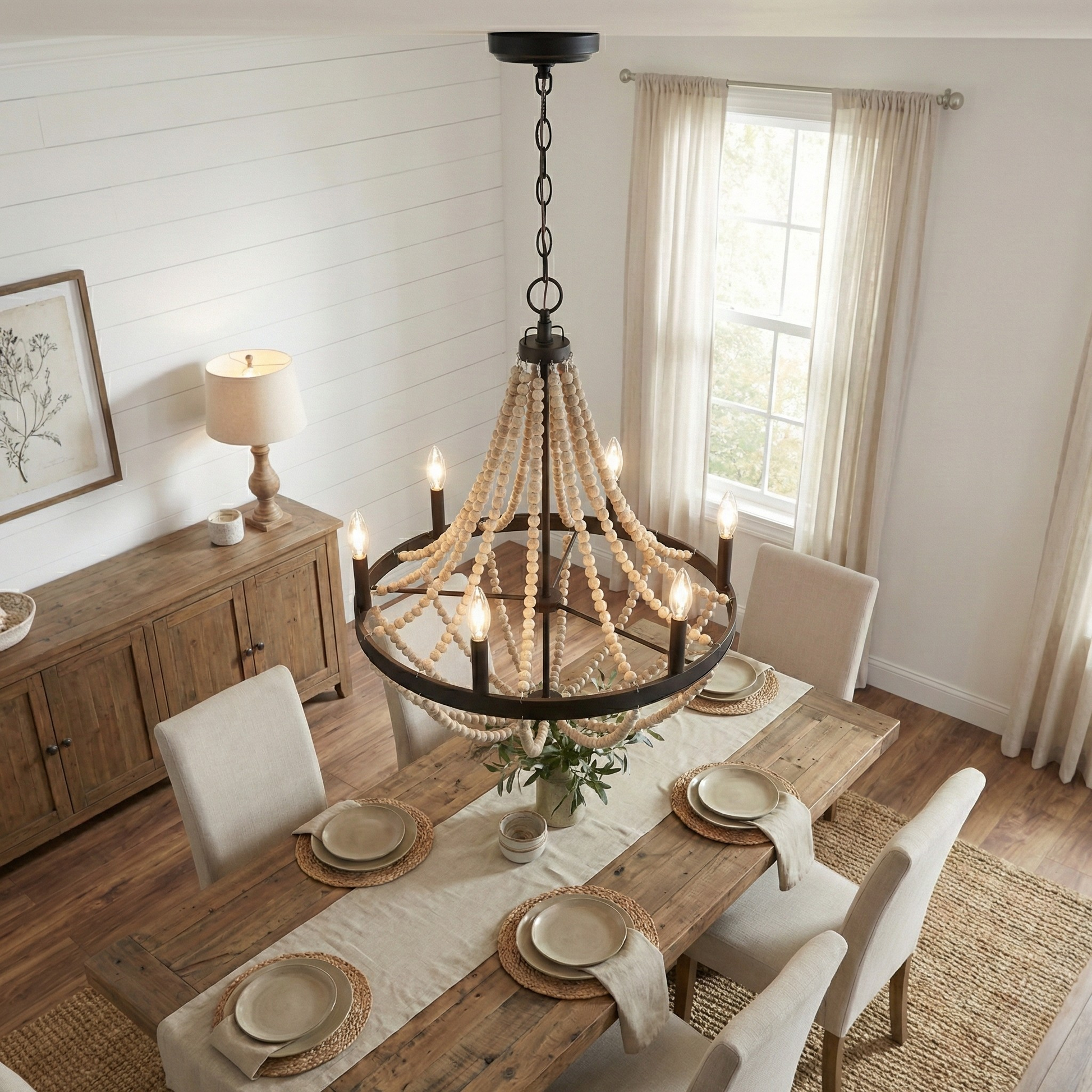 Starry Wood Chandelier | Six-Light Beaded Farmhouse Pendant Lamp
