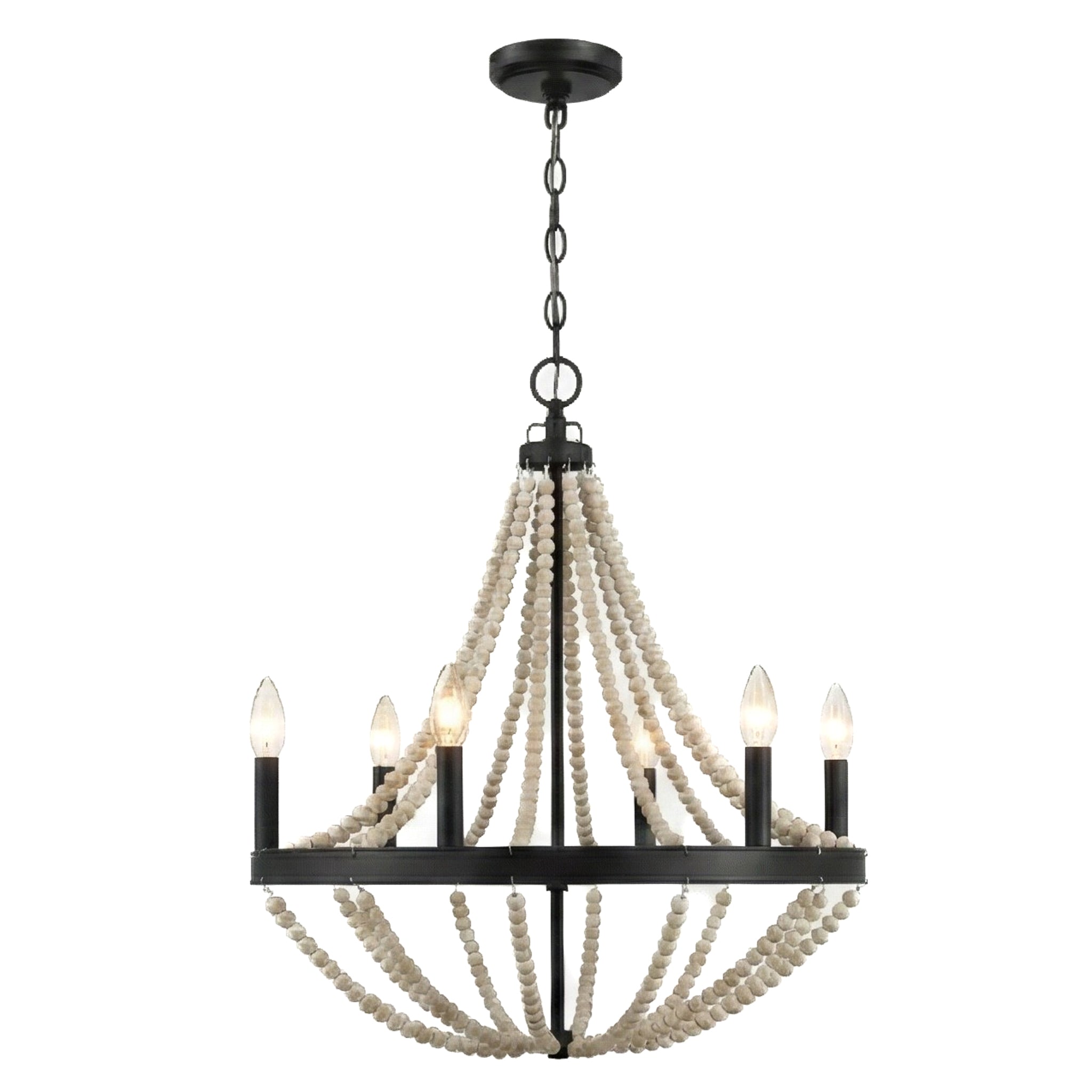 Starry Wood Chandelier | Six-Light Beaded Farmhouse Pendant Lamp